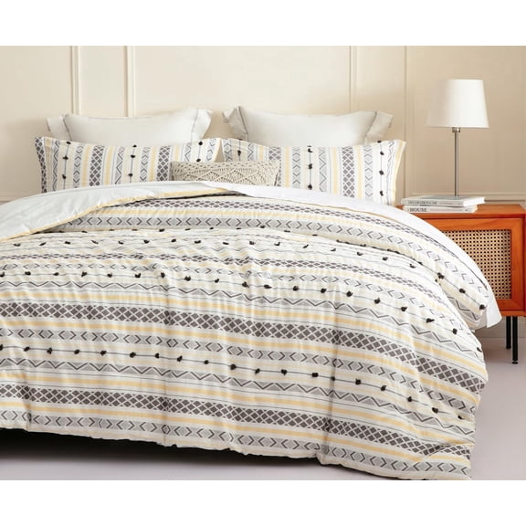 SLEEPBELLA Washed Double Layer Muslin 100% Cotton Comforter Set King Size, Yellow Grey Boho Fluffy Thick Checked Bedding Set, Soft Breathable (1 Comforter, 2 Pillow Shams)