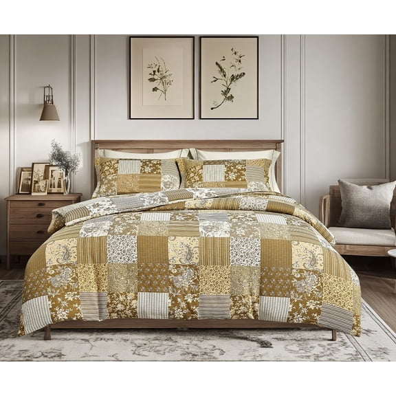 SLEEPBELLA Washed Double Layer Muslin 100% Cotton Comforter Set Queen Size, Boho Yellow Patchwork Fluffy Thick Checked Bedding Set, Soft Breathable (1 Comforter, 2 Pillow Shams)