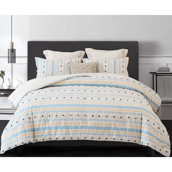 SLEEPBELLA Washed Double Layer Muslin 100% Cotton Comforter Set Queen Size, Yellow Blue Boho Fluffy Thick Checked Bedding Set, Soft Breathable (1 Comforter, 2 Pillow Shams)