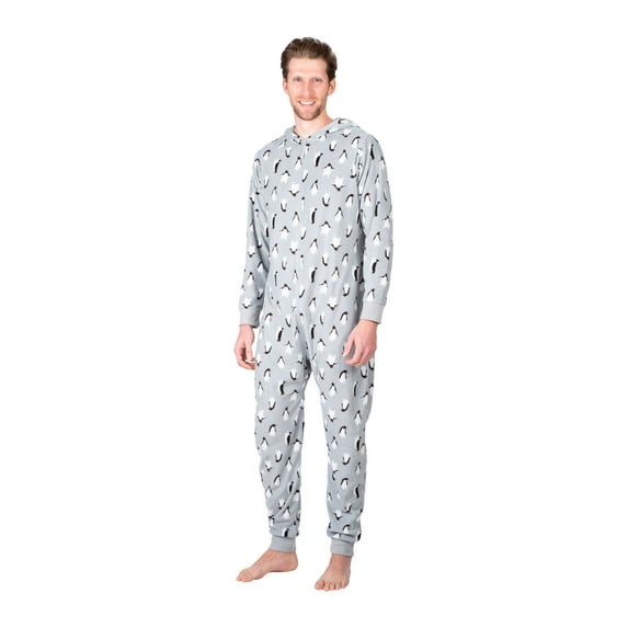 SLEEPHERO Adult Onesie Men Cozy Christmas Holiday Mens Onsie Pajamas Adult Pajamas For Men Flannel Adult Mens PJs Grey Penguin XXX-Large