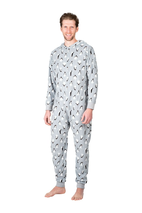 Adult Onesie Men Cozy Christmas Holiday Mens Onsie Pajamas Adult Pajamas For Men Flannel Adult Mens PJs Grey Penguin XXX-Large