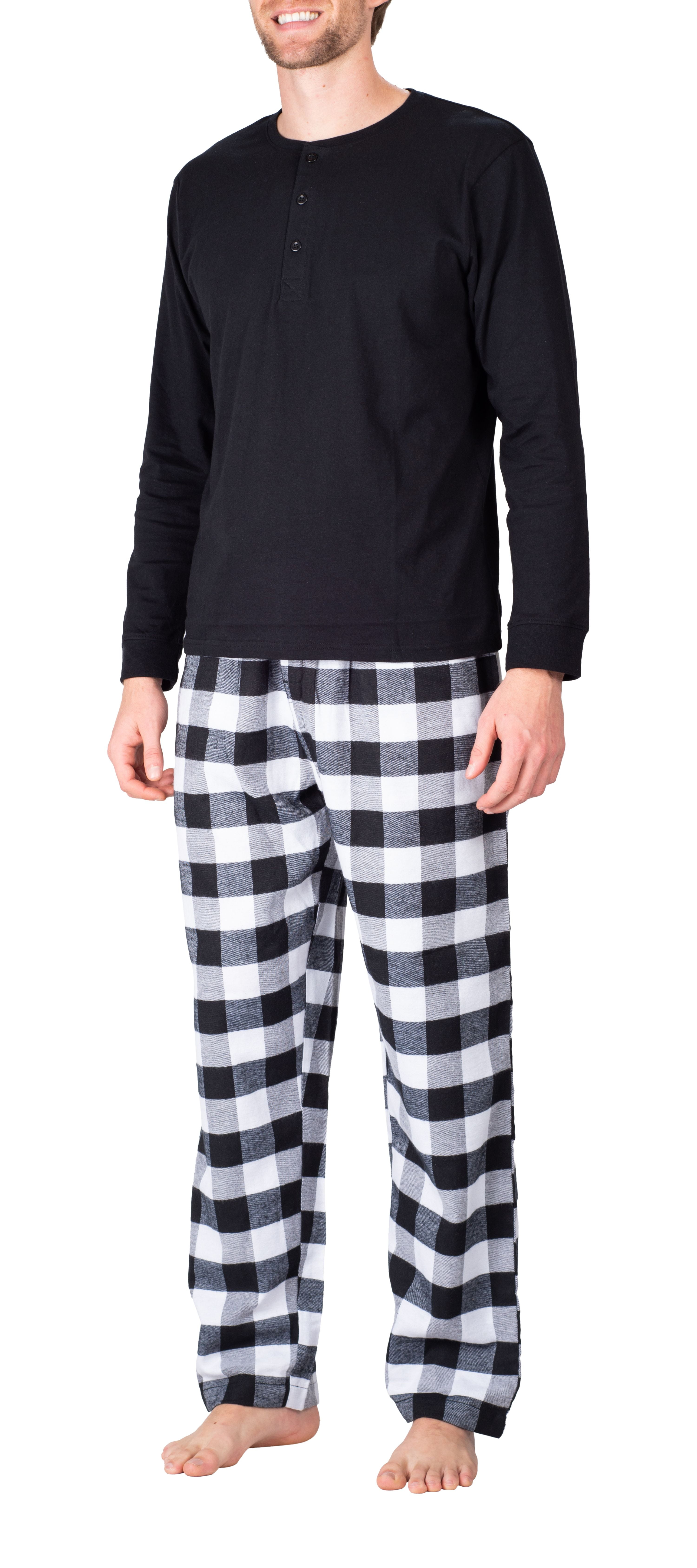 SLEEPHERO Men's Pajama Set Flannel Pajamas For Men 2 Piece PJ Set with Plaid  Pajama Pants and Long Sleeve Henley T-Shirt Black with White and Black Buffalo  Check X-Large 