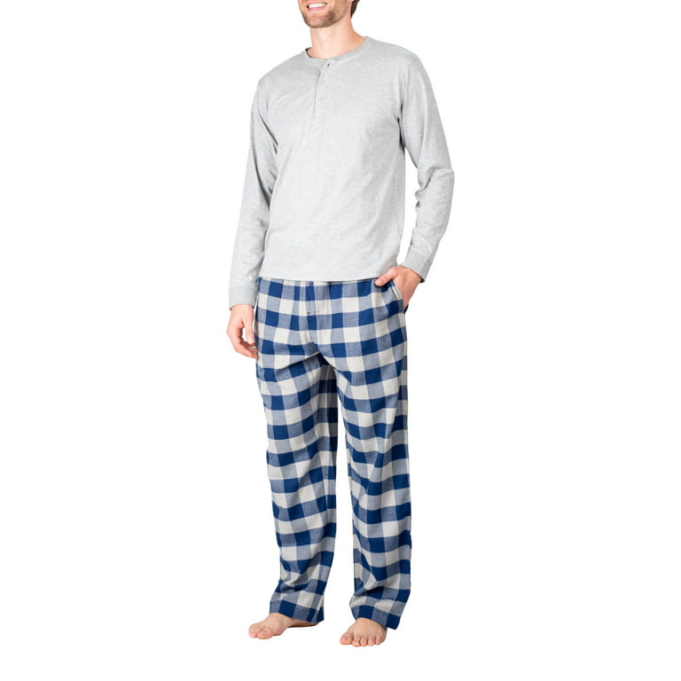SLEEPHERO Men’s Pajama Set Flannel Pajamas For Men 2 Piece PJ Set with  Plaid Pajama Pants and Long Sleeve Henley T-Shirt Grey with Grey and Blue  Check