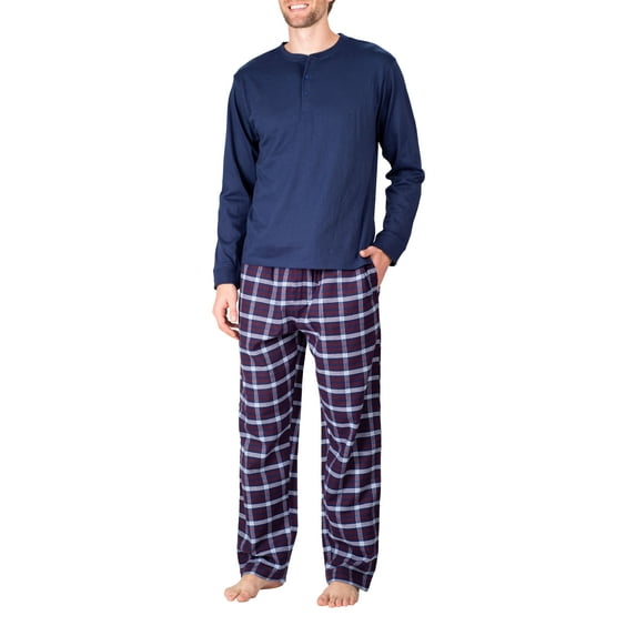 SLEEPHERO Men’s Pajama Set Flannel Pajamas For Men 2 Piece PJ Set with Plaid Pajama Pants and Long Sleeve Henley T-Shirt Sailor Navy and Americana Plaid X-Large