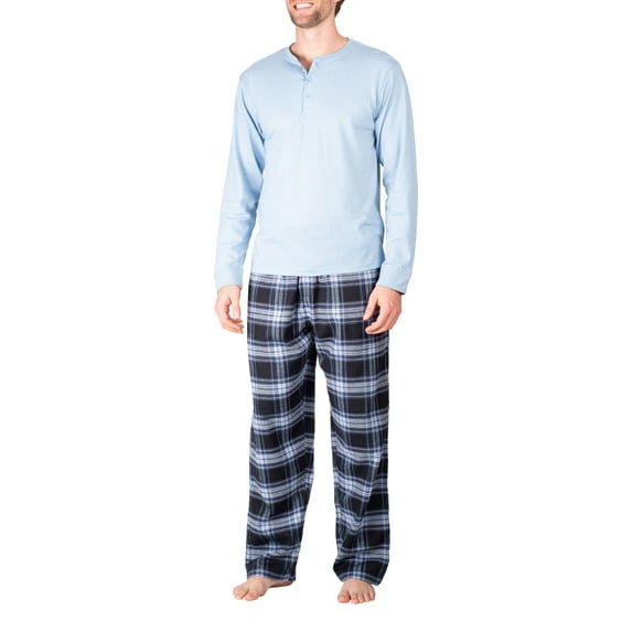 SLEEPHERO Men’s Pajama Set Flannel Pajamas For Men 2 Piece PJ Set with Plaid Pajama Pants and Long Sleeve Henley T-Shirt Sky Blue Berkshires Plaid Large
