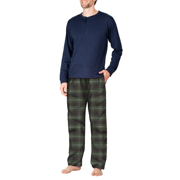SLEEPHERO Men’s Pajama Set Flannel Pajamas For Men 2 Piece PJ Set with Plaid Pajama Pants and Long Sleeve Henley T-Shirt Black with Green and Black Buffalo Check Small
