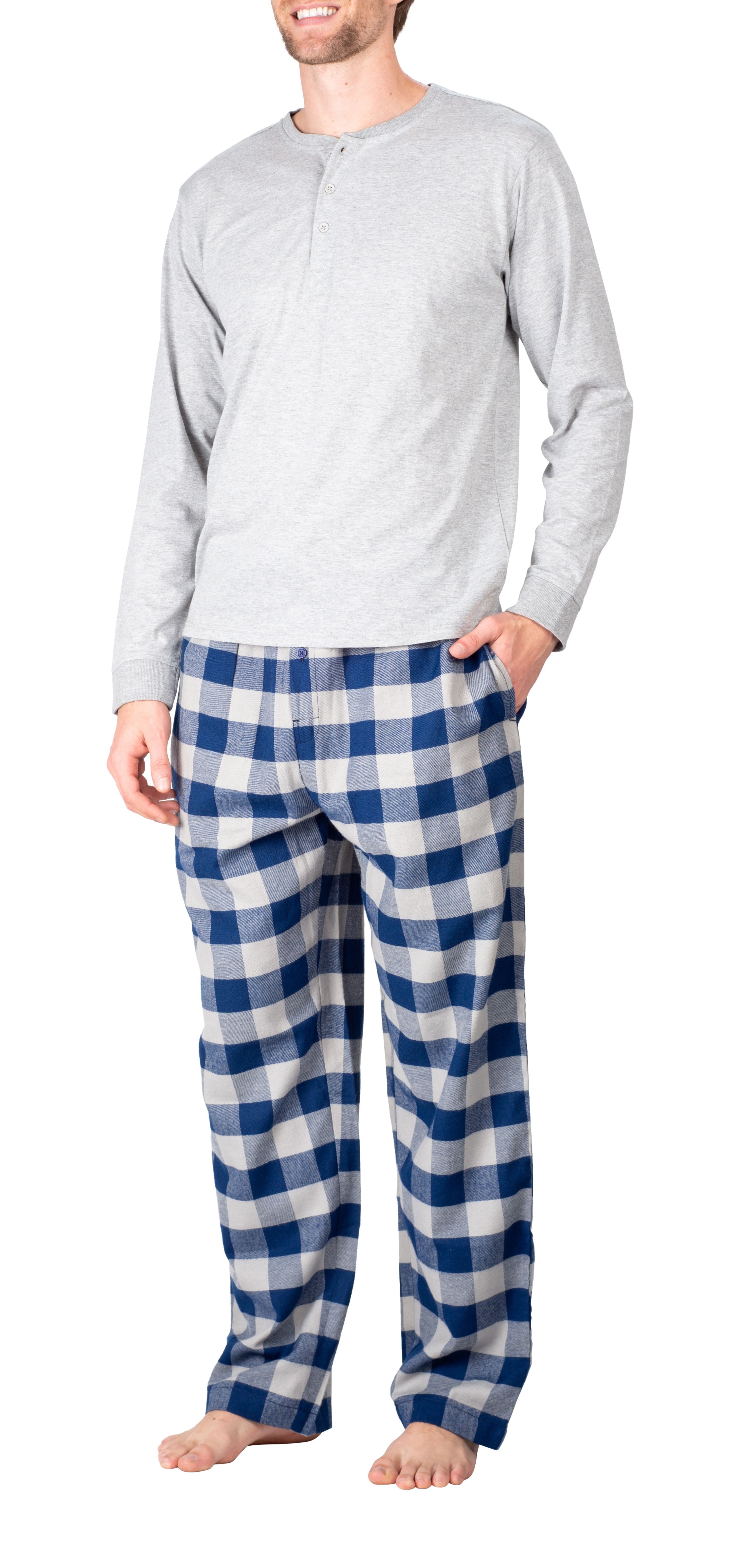 SLEEPHERO Men’s Pajama Set Flannel Pajamas For Men 2 Piece PJ Set with Plaid Pajama Pants and Long Sleeve Henley T-Shirt Grey with Grey and Blue Check Small