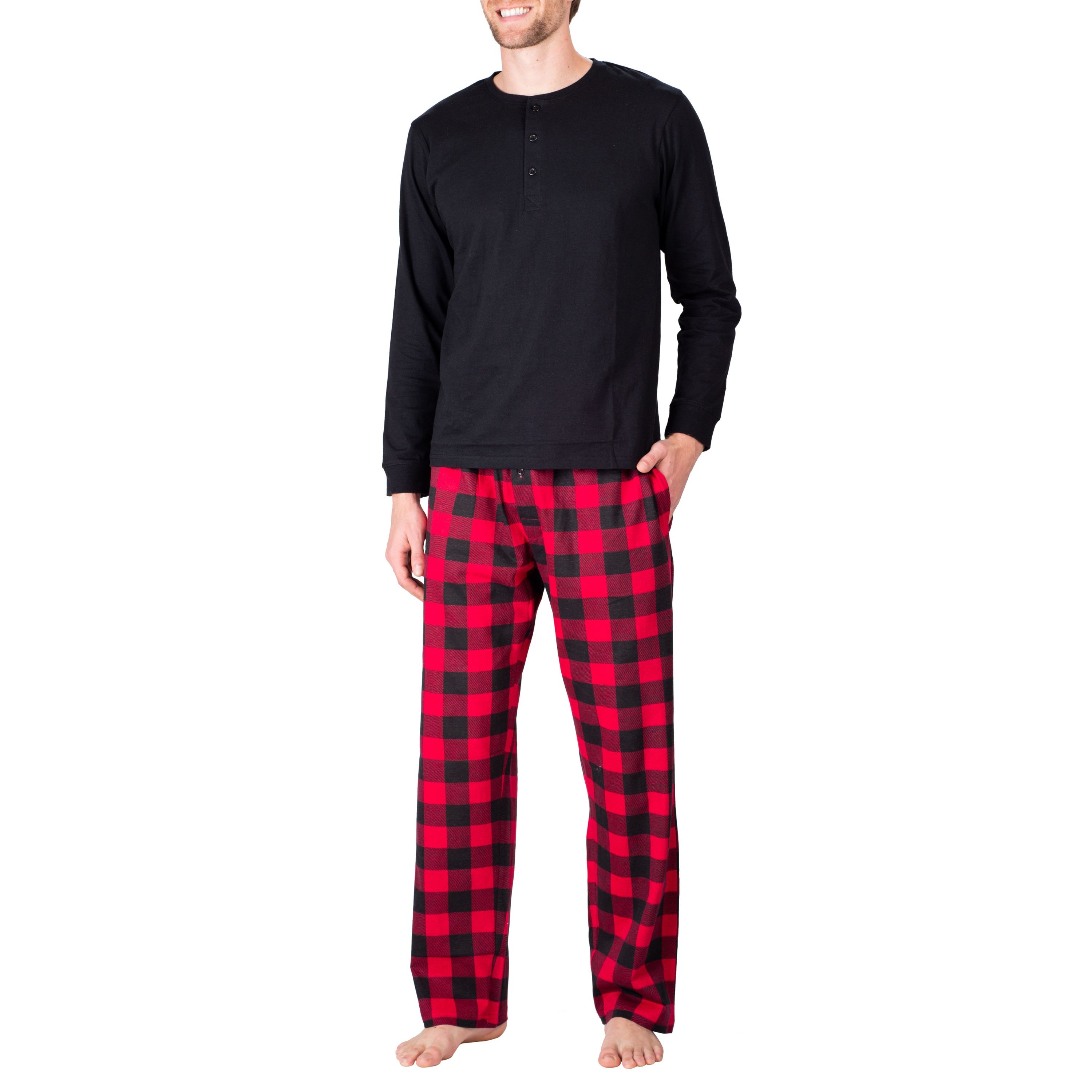 SLEEPHERO Men’s Pajama Set Pajamas For Men 2 Piece PJ Set with Cotton Knit Men Pajama Pants and Long Sleeve Henley T-Shirt Black with Buffalo Check XXX-Large