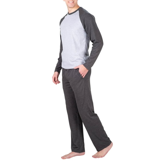 SLEEPHERO Mens Pajama Set Long Sleeve 2 Piece Raglan Mens Sleepwear Set Pjs for Men Heather Grey w/ Black Large