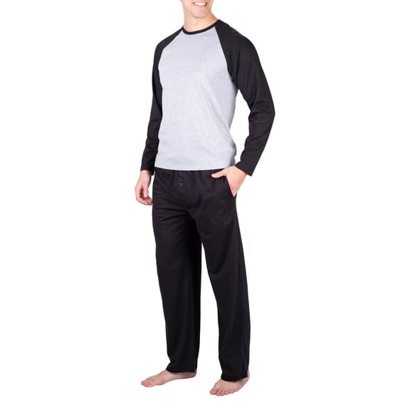 SLEEPHERO Mens Pajama Set Long Sleeve 2 Piece Raglan Mens Sleepwear Set Pjs for Men Heather Grey w/ Navy Small