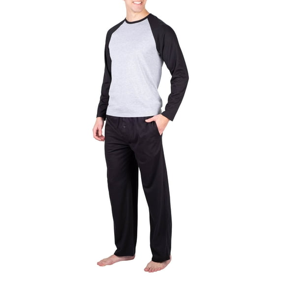 SLEEPHERO Mens Pajama Set Long Sleeve 2 Piece Raglan Mens Sleepwear Set Pjs for Men Heather Grey w/ Navy Small