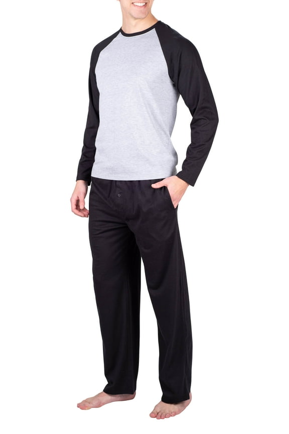 Mens Pajama Set Long Sleeve 2 Piece Raglan Mens Sleepwear Set Pjs for Men Heather Grey w/ Navy XL