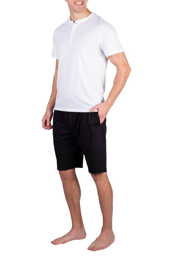 Mens Short Sleeve Pajama Set 2 Piece Mens Short Set Sleepwear PJs for Men White w/ Black Medium