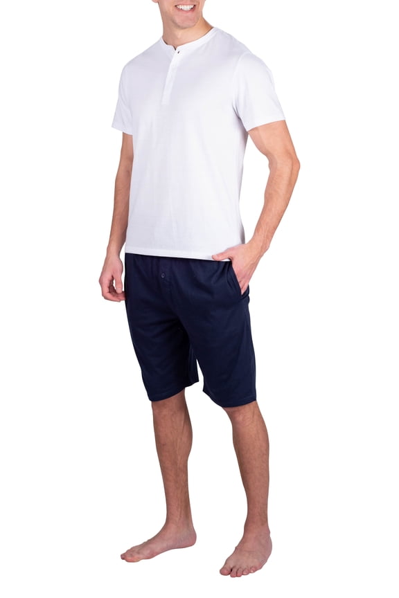 Mens Short Sleeve Pajama Set 2 Piece Mens Short Set Sleepwear PJs for Men White w/ Navy Medium