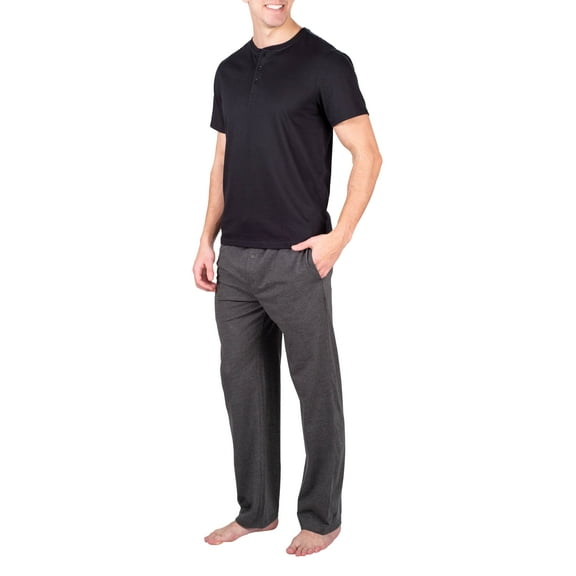 SLEEPHERO Mens Short Sleeve Pajama Set 2 Piece Mens Sleepwear Set with Henley Top and Pants Charcoal Heather Grey w/ Black Large