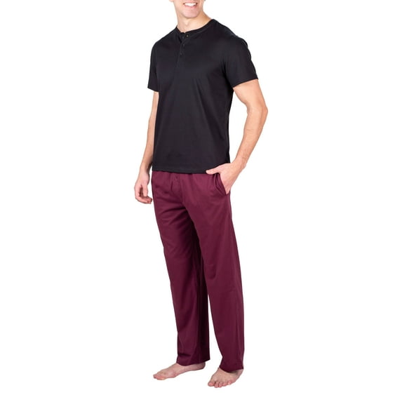 SLEEPHERO Mens Short Sleeve Pajama Set 2 Piece Mens Sleepwear Set with Henley Top and Pants Maroon w/ Black Medium