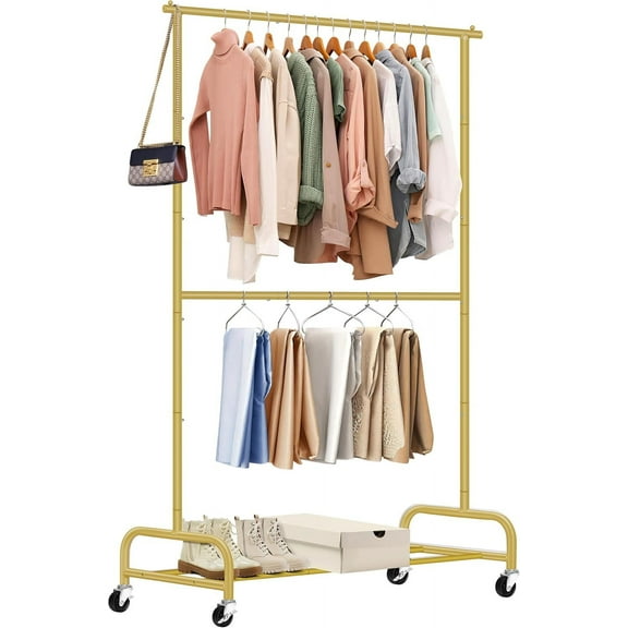 Double Rod Heavy Duty Clothes Racks for Hanging Clothes Rack, Metal Rolling Garment Rack With Wheels Clothes Hanger Rack Wardrobe Rack for Coats, Shirts (Gold)