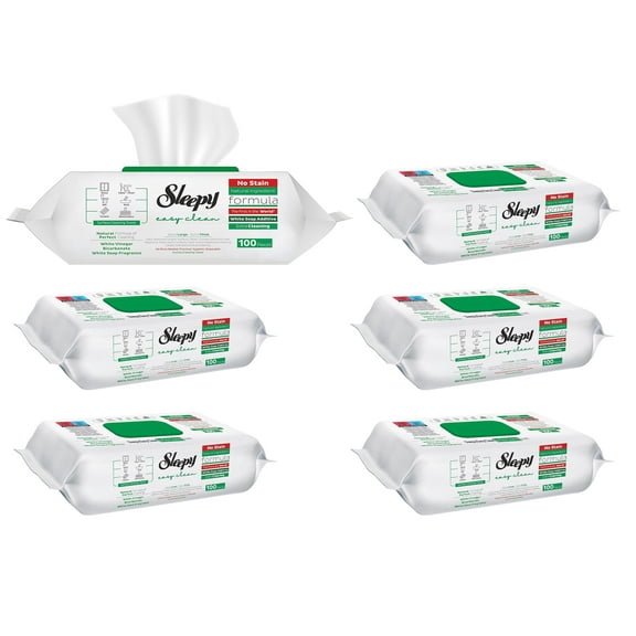 SLEEPY Pack of 6 Easy Clean All-Purpose Household Cleaning Wet Wipes, Vinegar and Bicarbonate Based, White, 100 Count