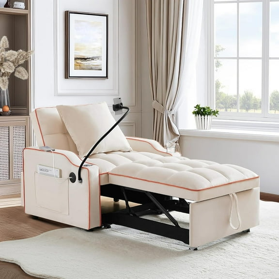 SLEERWAY 3-in-1 Convertible Futon Sofa Bed Chair, Multi-Functional Sleeper Chair Bed with Pull Out Couch and Adjustable Backrest, Modern Velvet Chaise Lounge Armchair for Living Room Bedroom, Beige