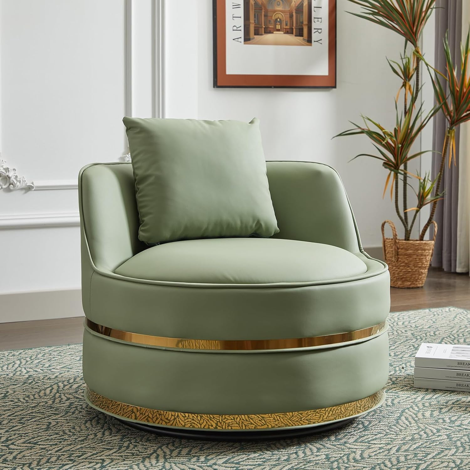 SLEERWAY 360° Swivel Accent Chair, Modern Faux Leather Round Barrel ...