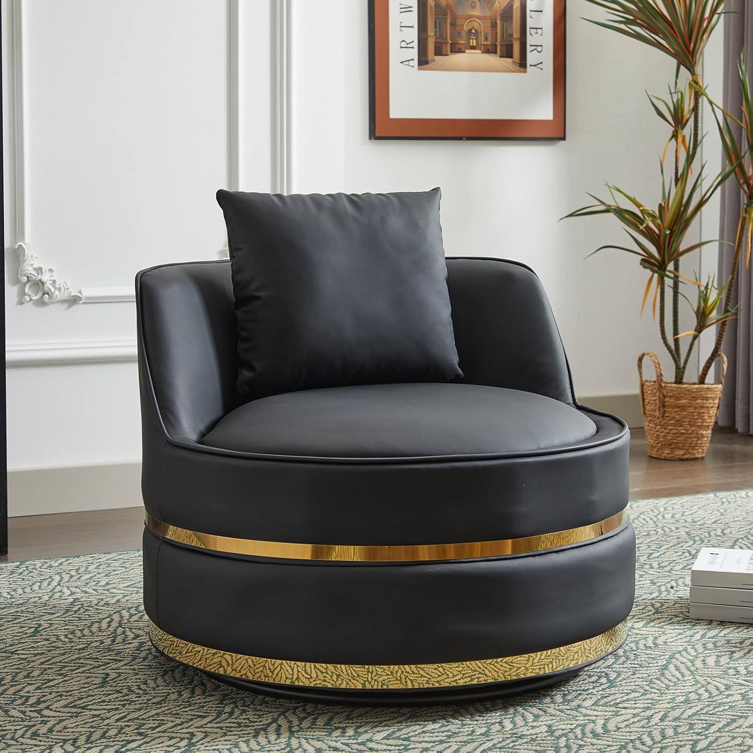 SLEERWAY 360° Swivel Accent Chair, Modern Faux Leather Round Barrel Chair, Comfy Upholstered Armchair Small Reading Chair with Plump Pillow and Metal Base for Living Room, Bedroom, Office, Black