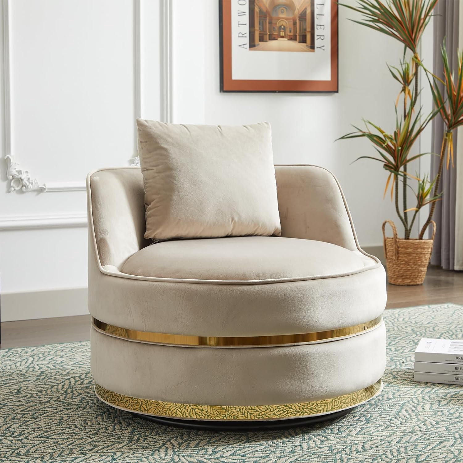 SLEERWAY 360° Swivel Accent Chair, Modern Velvet Round Barrel Chair ...