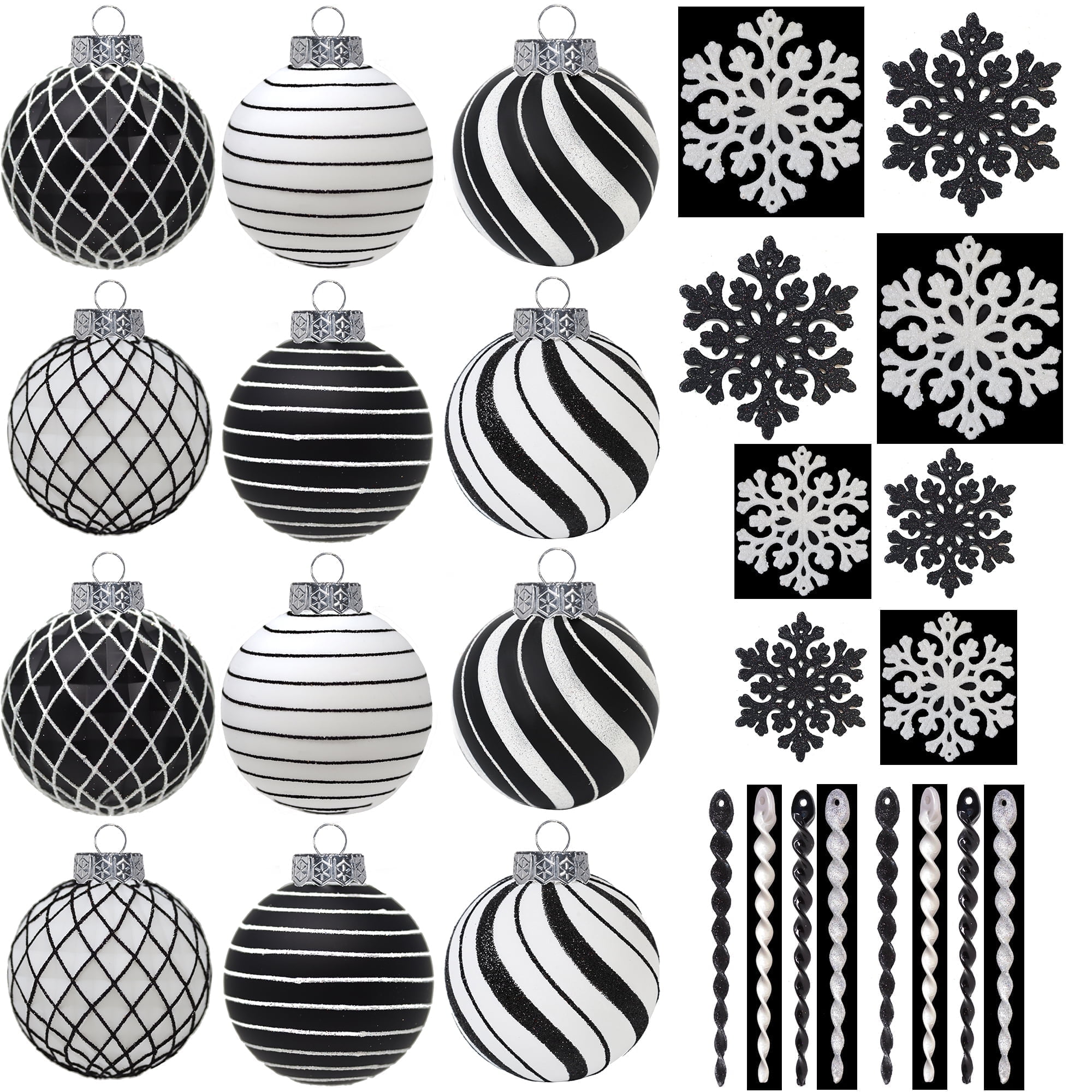 Black and White Shatterproof Plastic Christmas Ornament Set, 28 Pieces