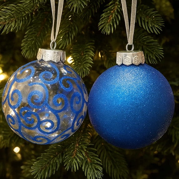 SLEETLY Big Blue Ornaments for Farmhouse Christmas Tree Holiday Xmas Decorations for Christmas - Large Shatterproof Plastic 4.72 inch Glitter Snow Balls and Snowflakes, Ornament Set of 8