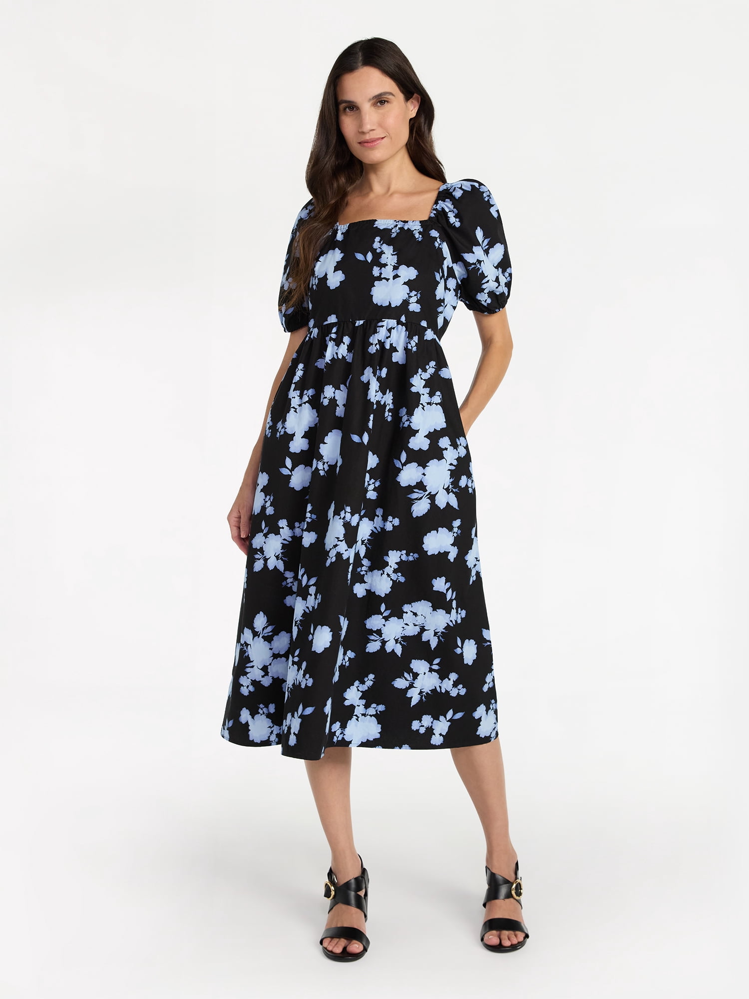 Time and Tru Women's and Women's Plus Cotton Back Tie Midi Dress with Short Puff Sleeves, Sizes XS-4X