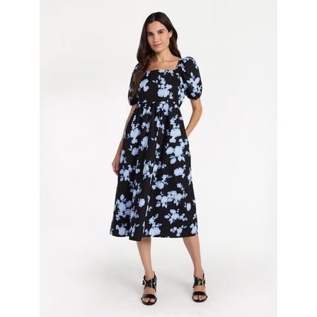 Time and Tru Women's Midi Dress with Puff Sleeves, XS-XXXL