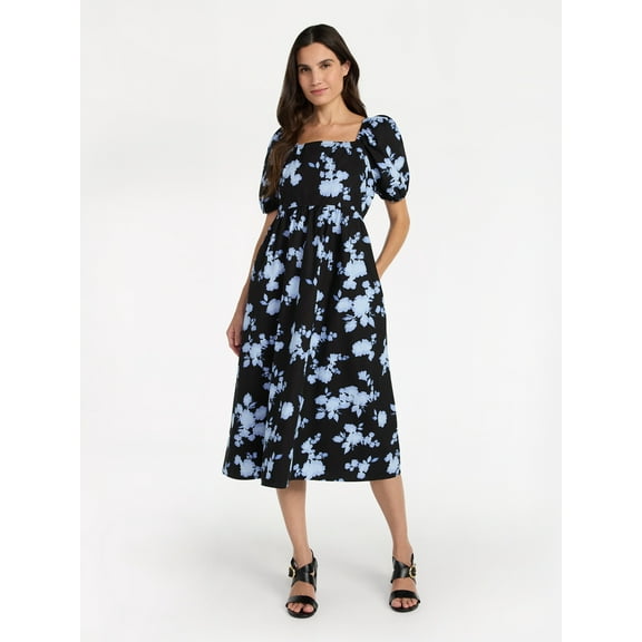 Time and Tru Women's Midi Dress with Puff Sleeves, XS-XXXL