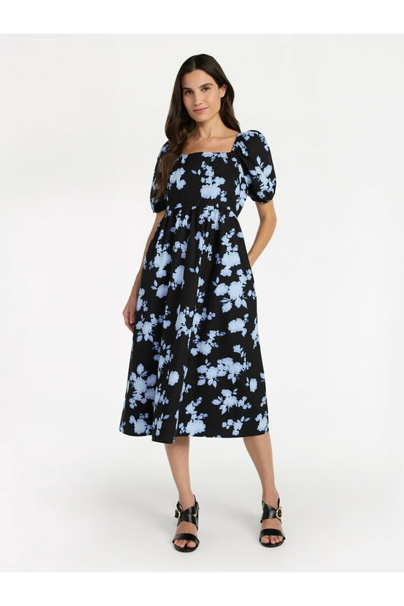 Women's Midi Dress with Puff Sleeves, XS-XXXL