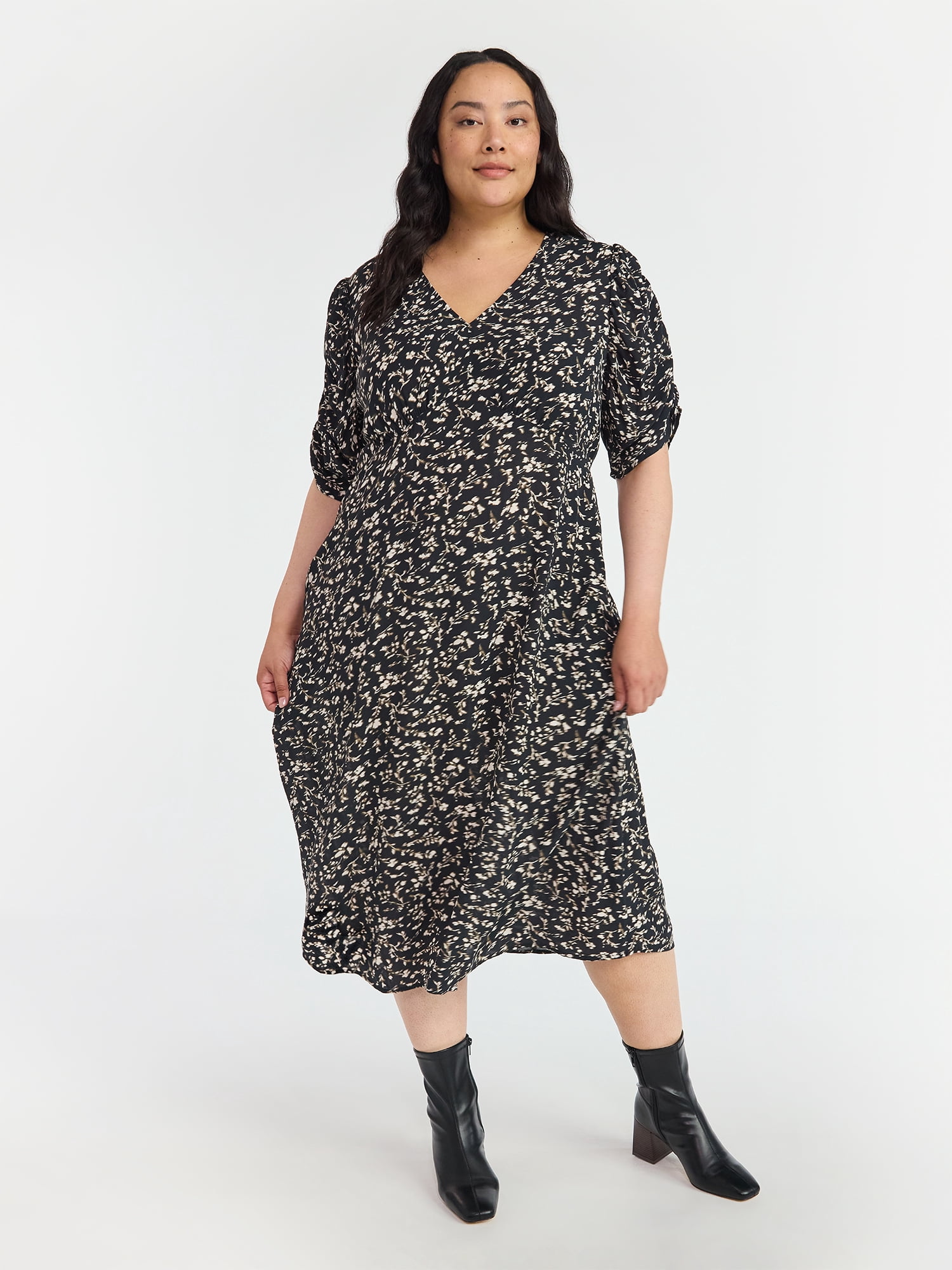 Time and Tru Women's Midi Dress with Ruched Sleeves, Sizes XS-XXXL