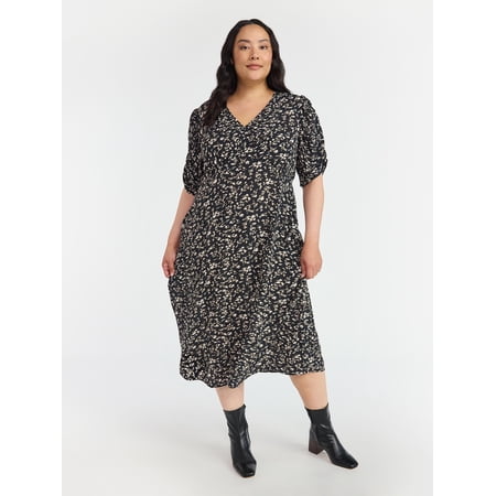 Time and Tru Women's Midi Dress with Ruched Sleeves, Sizes XS-XXXL