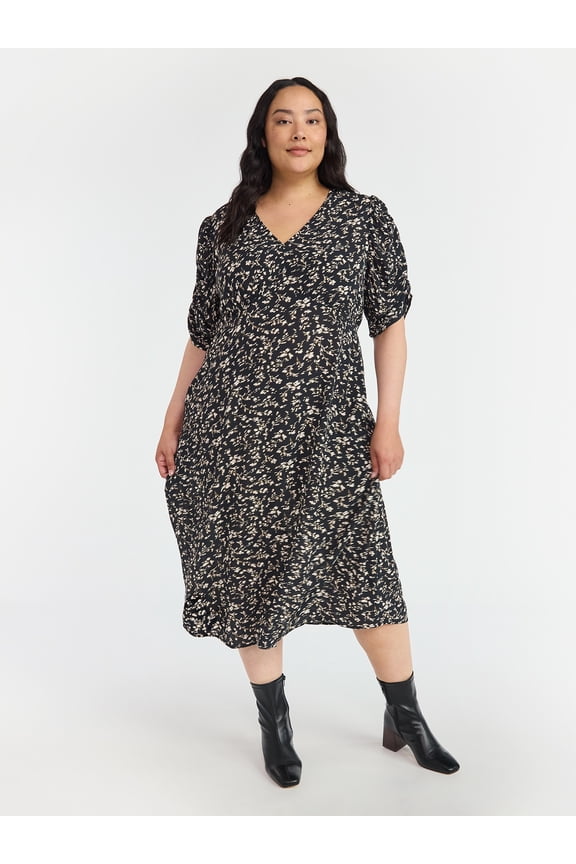 Women's Midi Dress with Ruched Sleeves, Sizes XS-XXXL