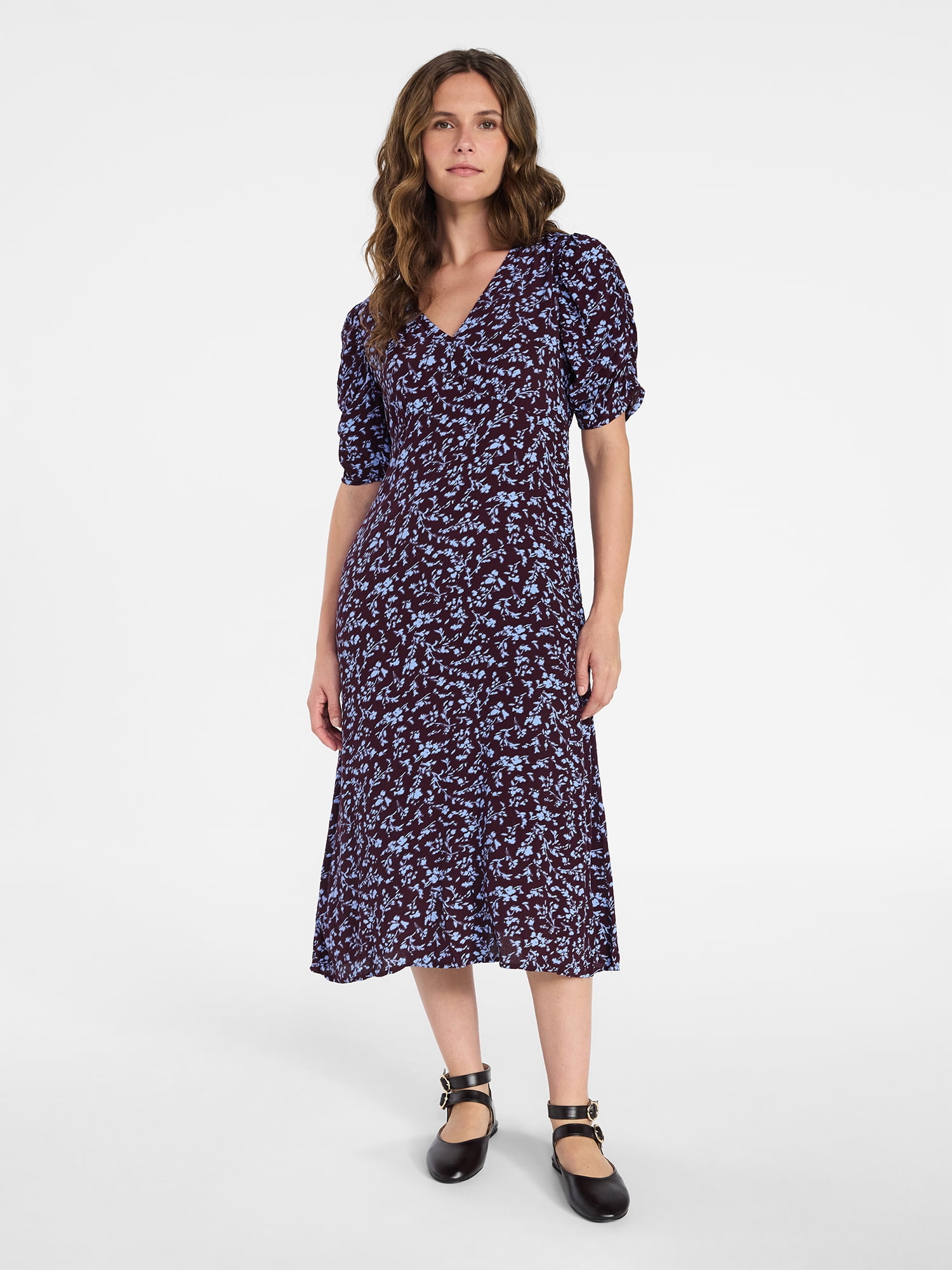 Time and Tru Women's Midi Dress with Ruched Sleeves, Sizes XS-XXXL