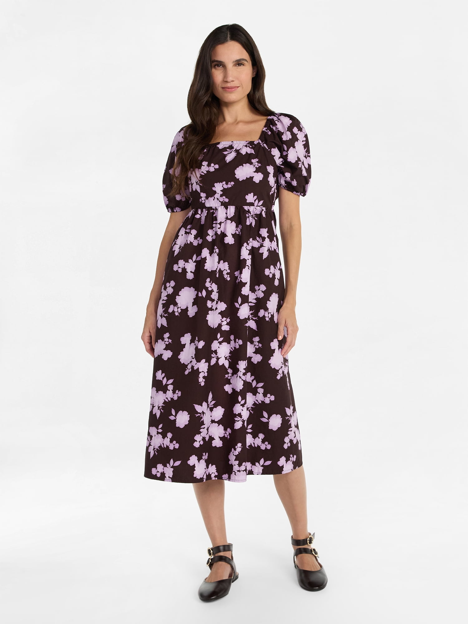 Time and Tru Women's and Women's Plus Cotton Back Tie Midi Dress with Short Puff Sleeves, Sizes XS-4X