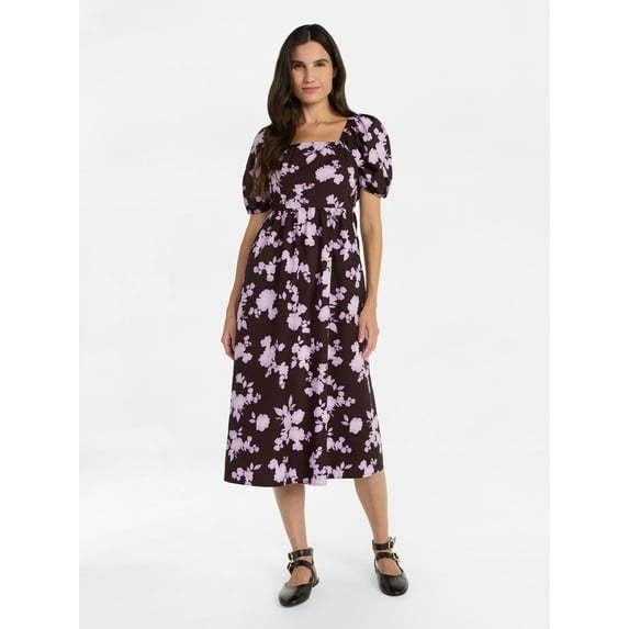Time and Tru Women's and Women's Plus Cotton Back Tie Midi Dress with Short Puff Sleeves, Sizes XS-4X