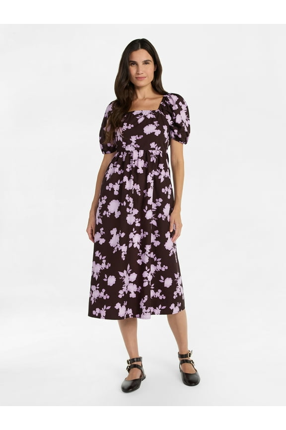 Women's and Women's Plus Cotton Back Tie Midi Dress with Short Puff Sleeves, Sizes XS-4X