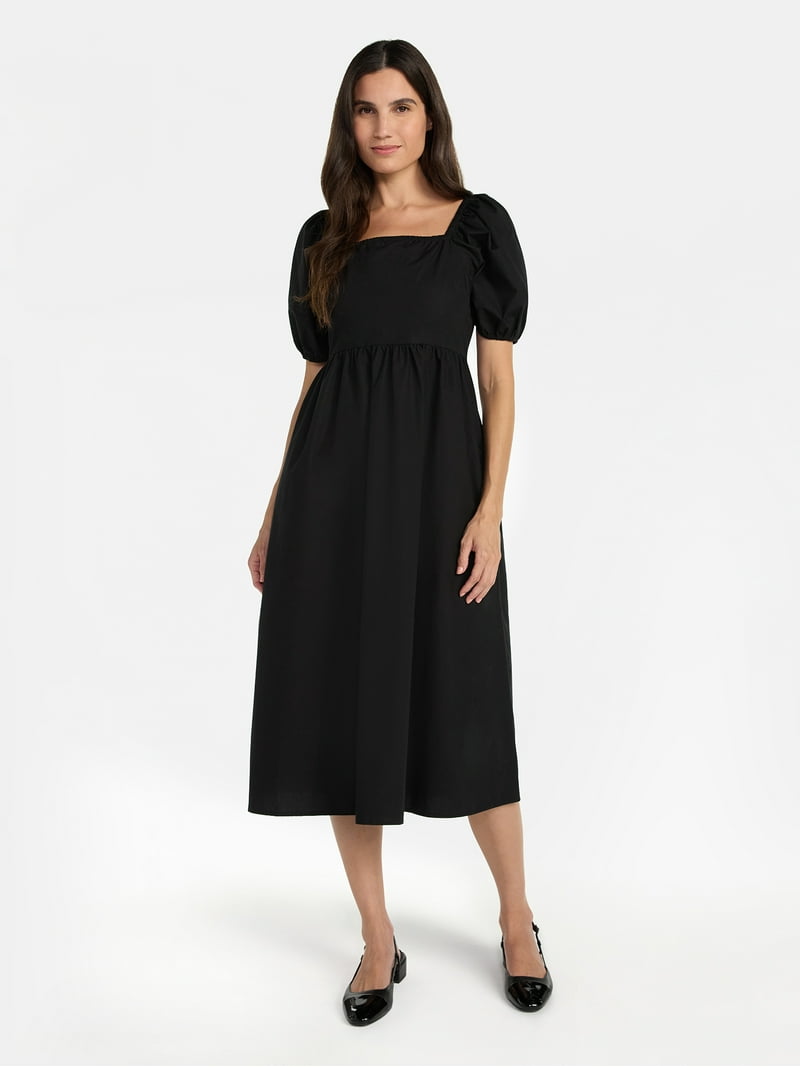 Time and Tru Women's and Women's Plus Cotton Back Tie Midi Dress with Short Puff  Sleeves, Sizes XS-4X - Walmart.com