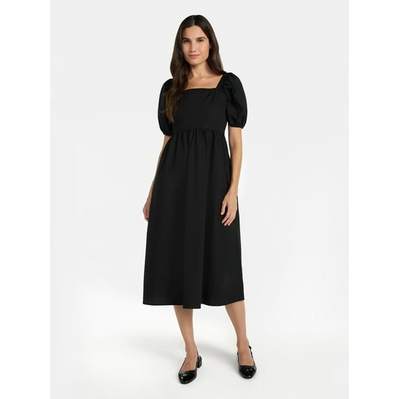 Time and Tru Women's and Women's Plus Cotton Back Tie Midi Dress with Short Puff Sleeves, Sizes XS-4X