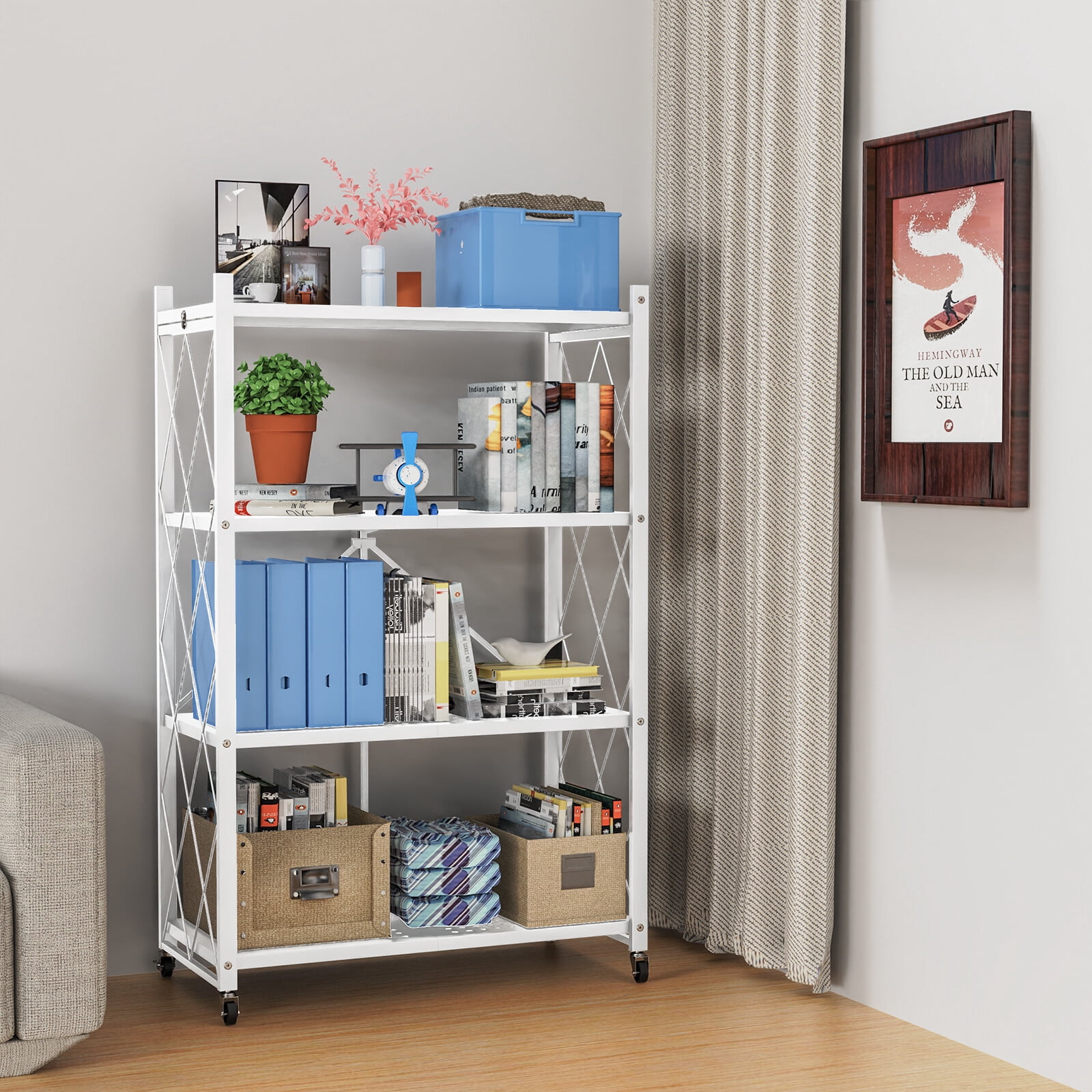 SLEKSDS 3-Tier Foldable Storage Shelf with Wheels - Metal Rack ... - Decorative Folding Storage Wall Unit
