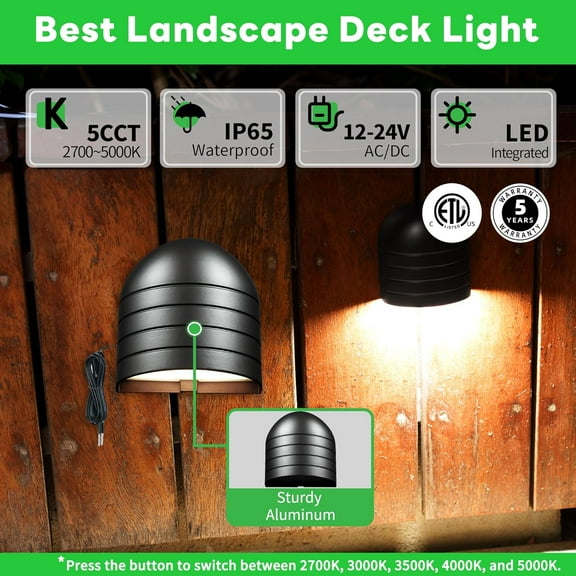 FGERFE-Low Voltage Deck Light - 12V LED Step Light Outdoor, 2700K/3000K/3500K/4000K/5000K Adjustable, IP65 Waterproof Hardwired Aluminum Black Lighting for Yard Fence Handrail Wall