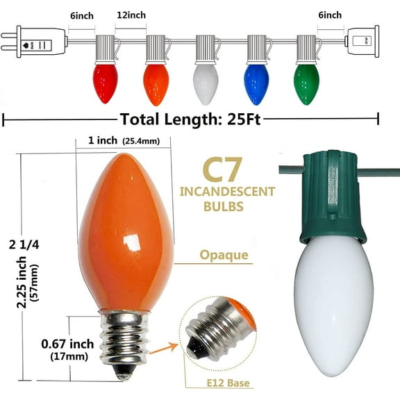 FGERFE-C7 Ceramic Multicolor Christmas Lights,25Ft Multicolor Christmas String Lights with 27 Colorful Ceramic Bulbs(Plus 2 Extra Bulbs), E12 Base, Christmas Tree Patio Holiday Decorations-Green