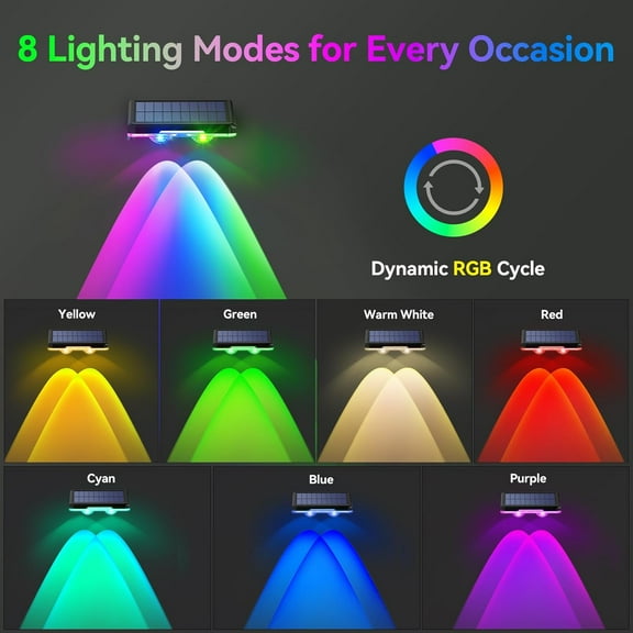 FGERFE-Solar Fence Lights Outdoor 8 Pack, Warm White & 6 Colors & RGB, IP66 Waterproof LED Deck Light, Dusk to Dawn Fence Lights Solar for Wall, Railing, Step, Patio, Pool, Backyard, Outside
