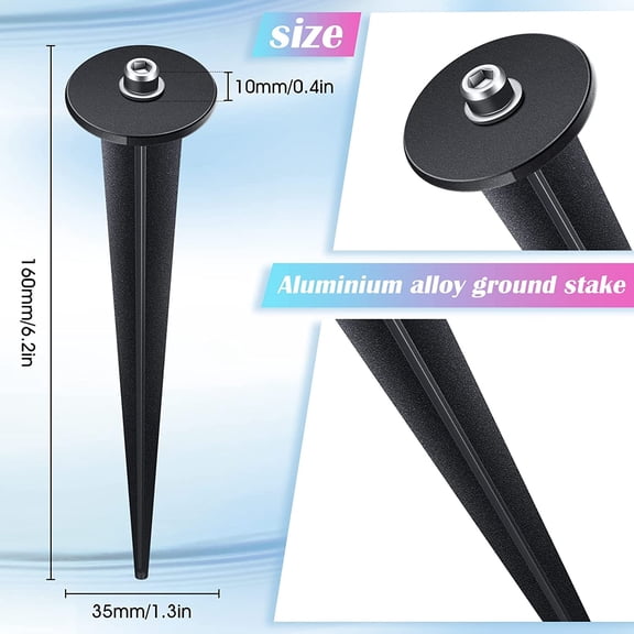 FGERFE-4 Packs Threaded Spike Flood Light Ground Stake Metal Replacement Stakes for Solar Lights Outdoor LED with 8 Hex Screws for Gardens Yard Path Lawn 6.3 Inches (Black)