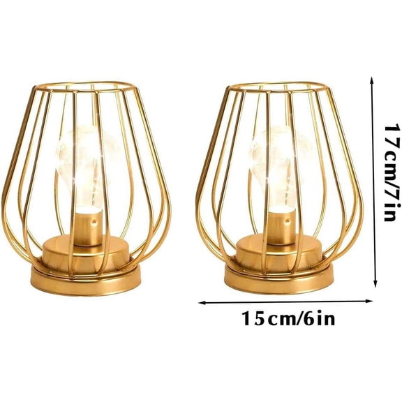 FGERFE-2 Set ofMetal Battery Operated Lamp 7'' Tall Mini Cage Shape Cordless Table Lamp Battery Lanterns with Warm Fairy Lights Bulb for Patio Garden Wedding Parties Indoor Outdoor(Gold)