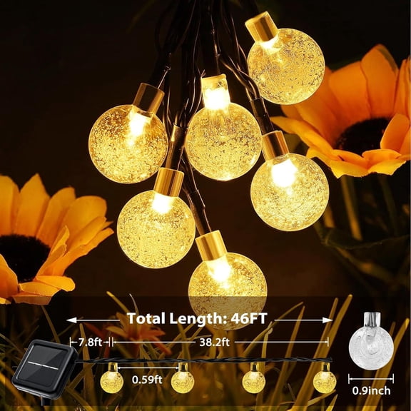 FGERFE-Outdoor Solar String Lights, 46FT 66LED 8Modes Crystal Solar Powered Christmas Fairy String Lights Waterproof for Outside Yard Fence Easter Holiday Party Porch Garden Decor(Warm White)