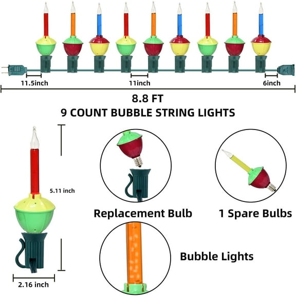 FGERFE-Christmas Bubble Lights, 8.8 Feet 9 Multicolor C7 Christmas Tree Vintage Lights, 5 Watt, E12 Base, Indoor Outdoor, 1 Spare Bulb
