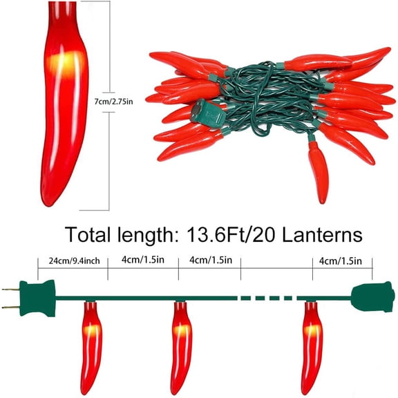 FGERFE-Chili Pepper String Lights with 35 Red Chili Bulbs 13.6FT 120 Volt, UL Listed for Indoor/Outdoor Decor Patio Room Garden Gazebo Pergola Lights, Green